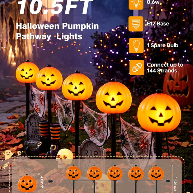 10.5FT Halloween Pathway Lights, 5PK LED Elf Stake Lights | IP65, UL Certified, Connectable Halloween Elf Pathway Marker Lights for Lawn Walkway Driveway Halloween Decorations
