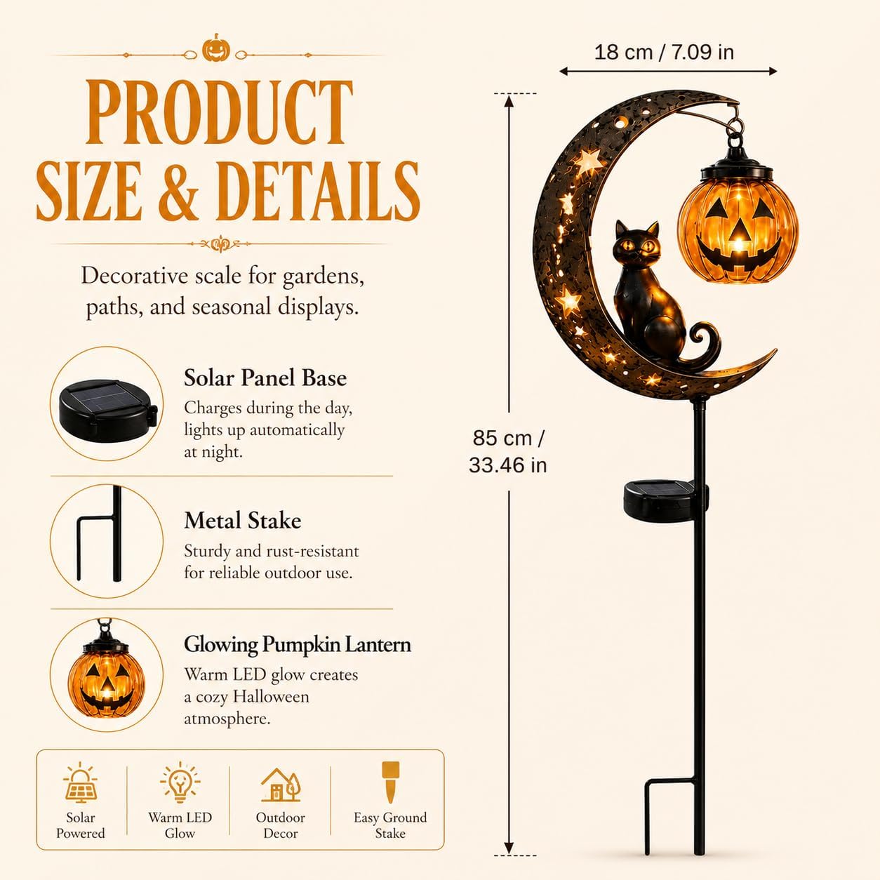 Solar Halloween Black Cat Garden Stake Light, Pumpkin Moon Yard Decor，Solar-Powered Halloween Garden Stake with Glowing Pumpkin, Black Cat and Moon Design Festive Outdoor Yard Lawn Pathway Decor