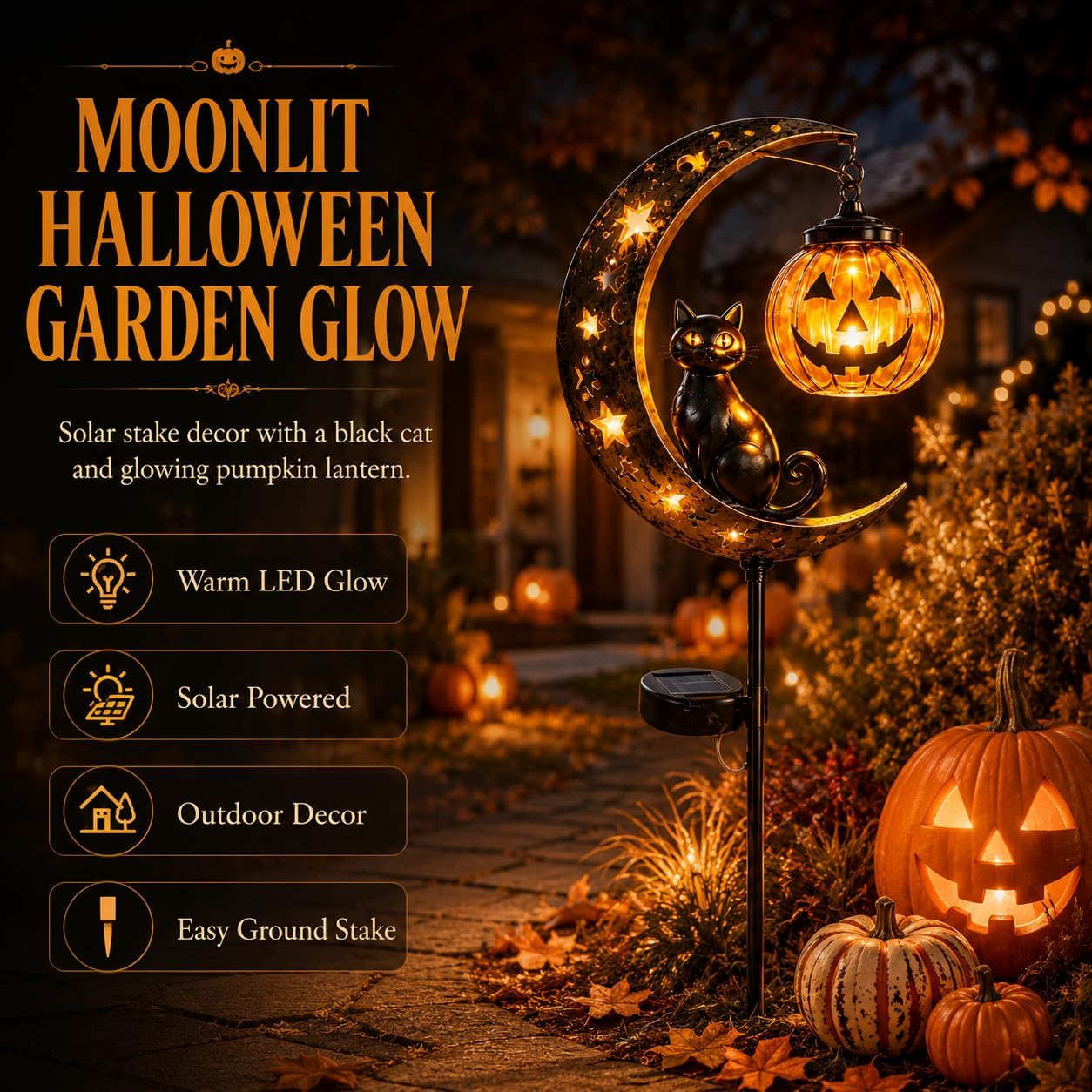Solar Halloween Black Cat Garden Stake Light, Pumpkin Moon Yard Decor，Solar-Powered Halloween Garden Stake with Glowing Pumpkin, Black Cat and Moon Design Festive Outdoor Yard Lawn Pathway Decor