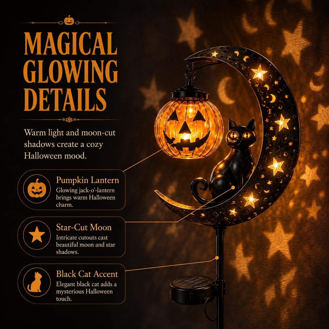 Solar Halloween Black Cat Garden Stake Light, Pumpkin Moon Yard Decor，Solar-Powered Halloween Garden Stake with Glowing Pumpkin, Black Cat and Moon Design Festive Outdoor Yard Lawn Pathway Decor