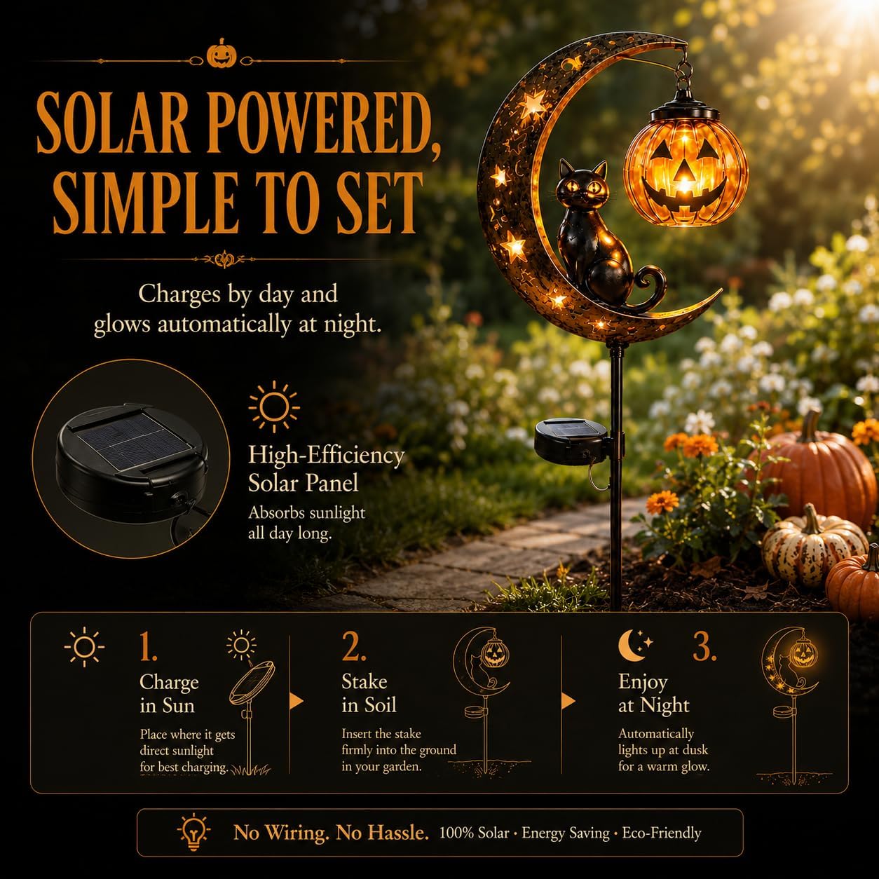 Solar Halloween Black Cat Garden Stake Light, Pumpkin Moon Yard Decor，Solar-Powered Halloween Garden Stake with Glowing Pumpkin, Black Cat and Moon Design Festive Outdoor Yard Lawn Pathway Decor