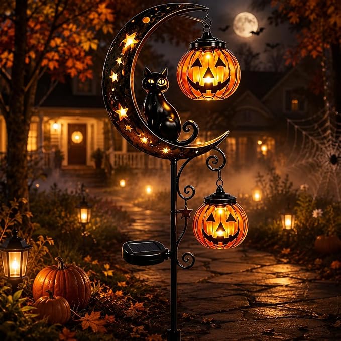 Solar Halloween Black Cat Garden Stake Light, Pumpkin Moon Yard Decor，Solar-Powered Halloween Garden Stake with Glowing Pumpkin, Black Cat and Moon Design Festive Outdoor Yard Lawn Pathway Decor