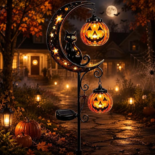 Solar Halloween Black Cat Garden Stake Light, Pumpkin Moon Yard Decor，Solar-Powered Halloween Garden Stake with Glowing Pumpkin, Black Cat and Moon Design Festive Outdoor Yard Lawn Pathway Decor