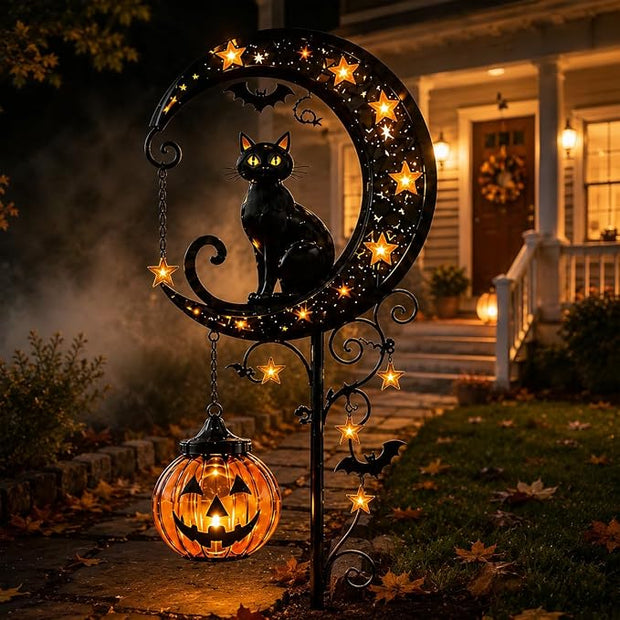 Solar Halloween Black Cat Garden Stake Light, Pumpkin Moon Yard Decor，Solar-Powered Halloween Garden Stake with Glowing Pumpkin, Black Cat and Moon Design Festive Outdoor Yard Lawn Pathway Decor