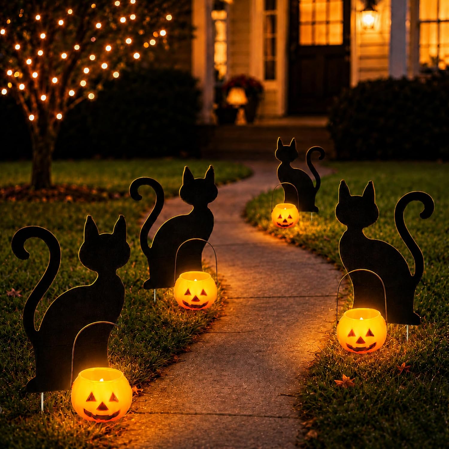 4 Set Halloween Solar Pumpkin Cat Pathway Light, Outdoor Stake Decor | Halloween Black Cat Yard Stakes, Pumpkin Pathway Candles Lights, Wire Free Waterproof, Garden Patio Yard Lawn Outdoor Decor