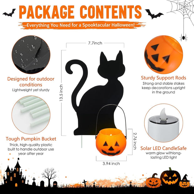 4 Set Halloween Solar Pumpkin Cat Pathway Light, Outdoor Stake Decor | Halloween Black Cat Yard Stakes, Pumpkin Pathway Candles Lights, Wire Free Waterproof, Garden Patio Yard Lawn Outdoor Decor
