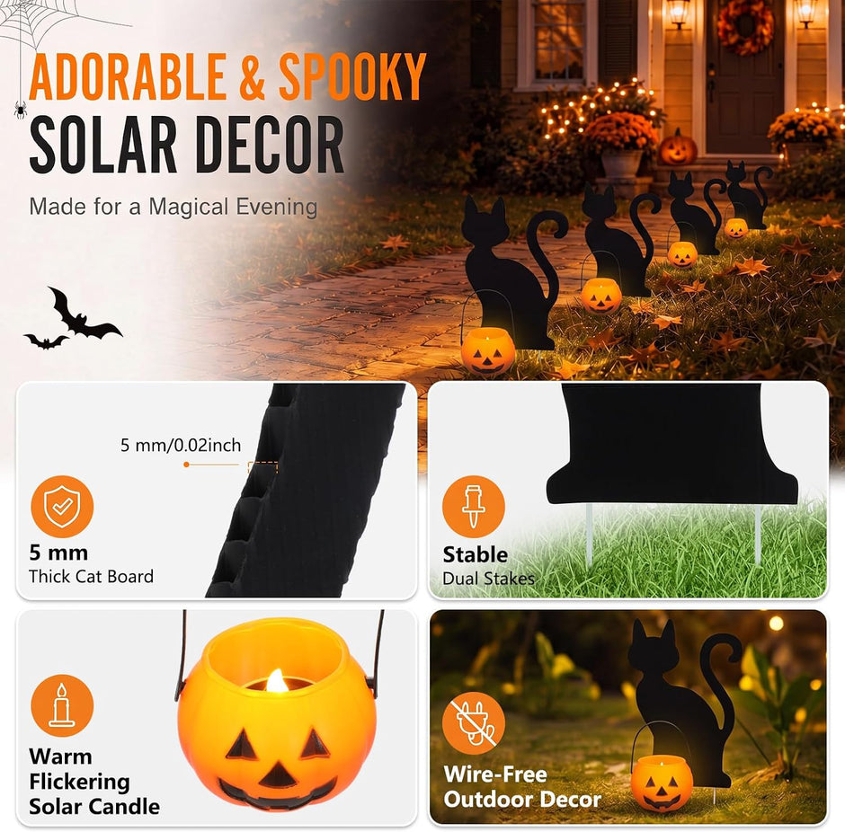 4 Set Halloween Solar Pumpkin Cat Pathway Light, Outdoor Stake Decor | Halloween Black Cat Yard Stakes, Pumpkin Pathway Candles Lights, Wire Free Waterproof, Garden Patio Yard Lawn Outdoor Decor