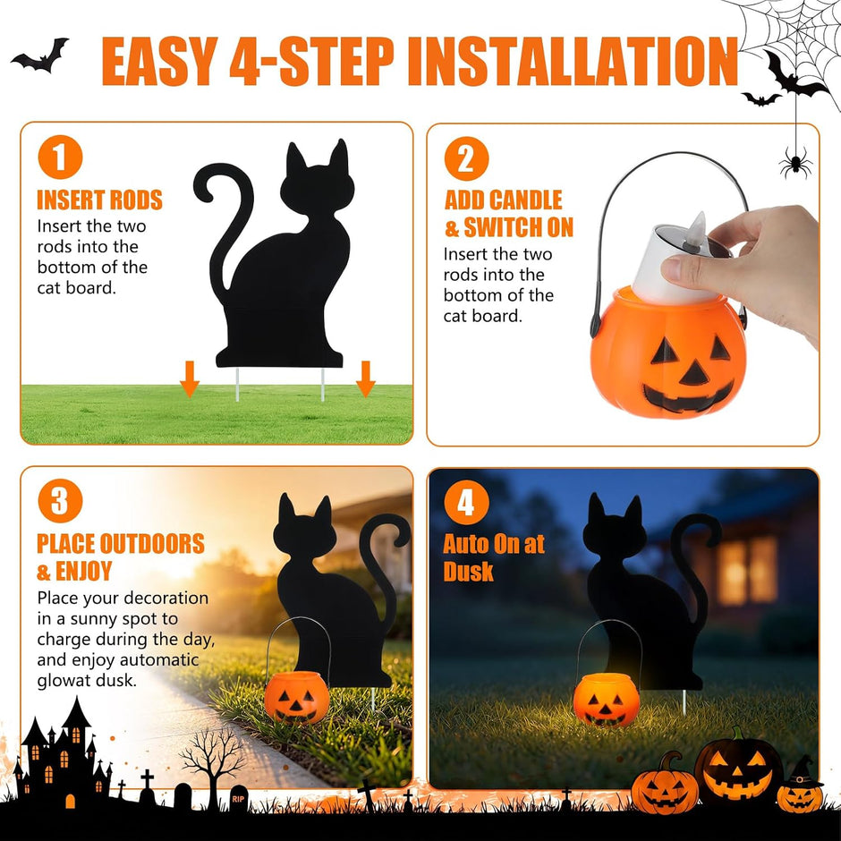 4 Set Halloween Solar Pumpkin Cat Pathway Light, Outdoor Stake Decor | Halloween Black Cat Yard Stakes, Pumpkin Pathway Candles Lights, Wire Free Waterproof, Garden Patio Yard Lawn Outdoor Decor