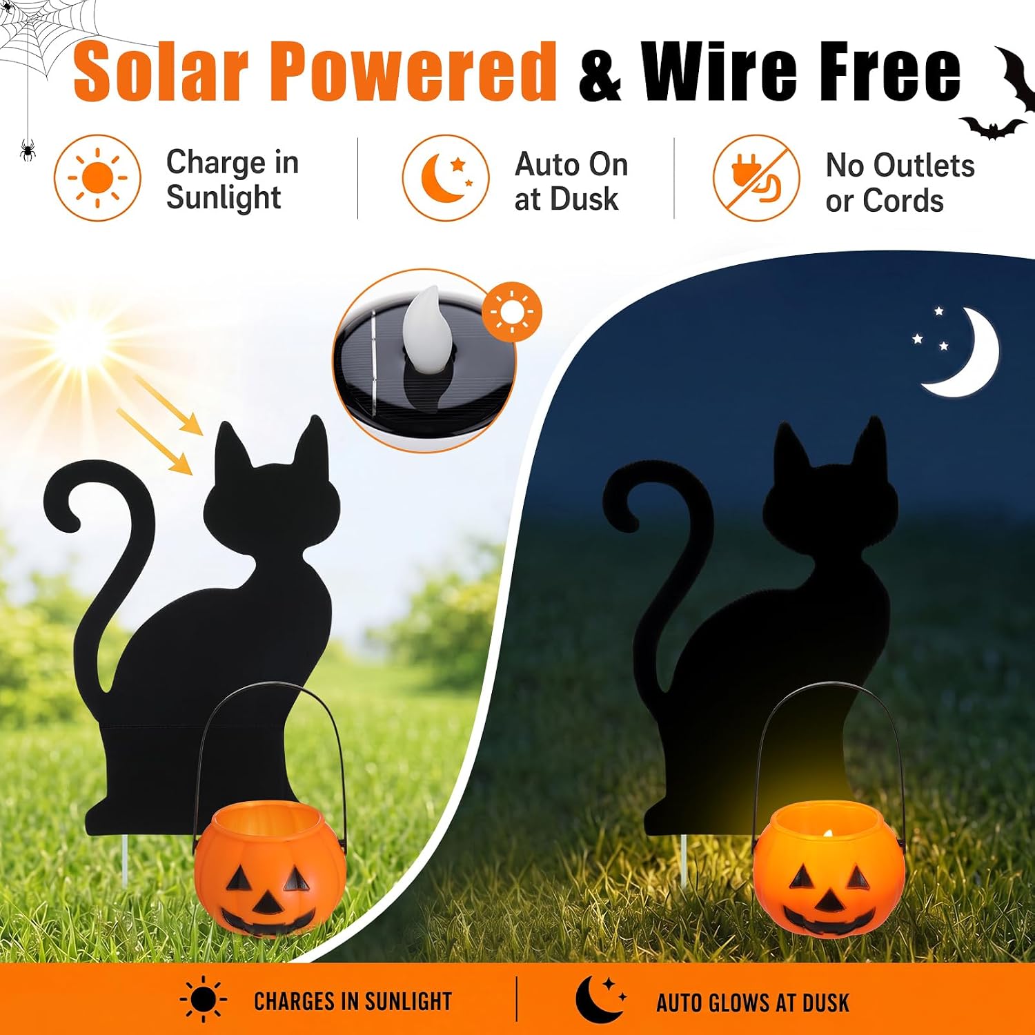 4 Set Halloween Solar Pumpkin Cat Pathway Light, Outdoor Stake Decor | Halloween Black Cat Yard Stakes, Pumpkin Pathway Candles Lights, Wire Free Waterproof, Garden Patio Yard Lawn Outdoor Decor