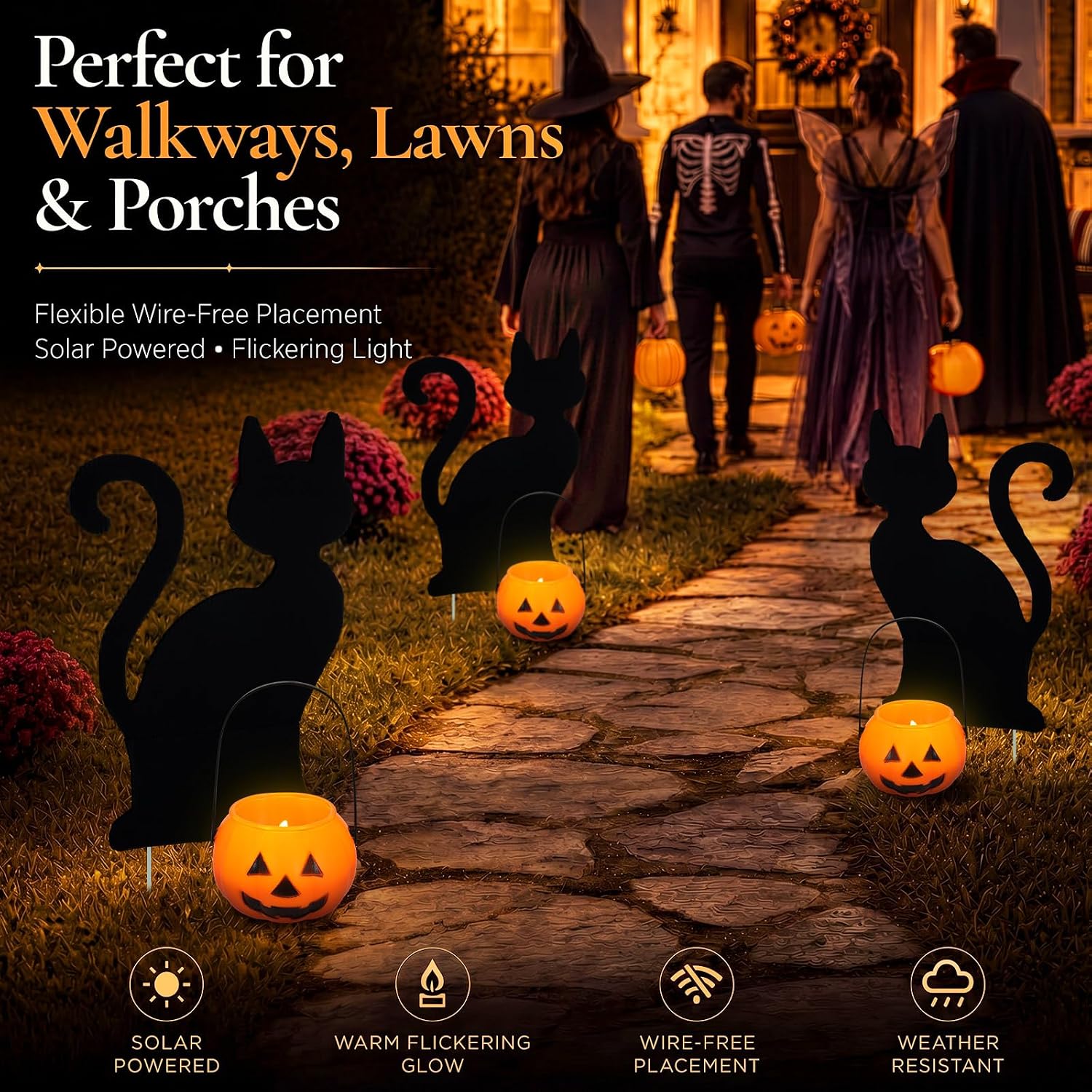 4 Set Halloween Solar Pumpkin Cat Pathway Light, Outdoor Stake Decor | Halloween Black Cat Yard Stakes, Pumpkin Pathway Candles Lights, Wire Free Waterproof, Garden Patio Yard Lawn Outdoor Decor