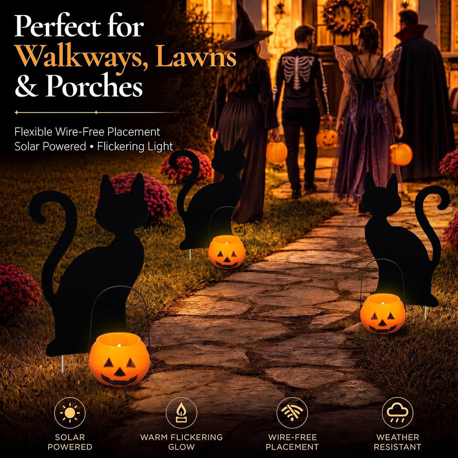 4 Set Halloween Solar Pumpkin Cat Pathway Light, Outdoor Stake Decor | Halloween Black Cat Yard Stakes, Pumpkin Pathway Candles Lights, Wire Free Waterproof, Garden Patio Yard Lawn Outdoor Decor