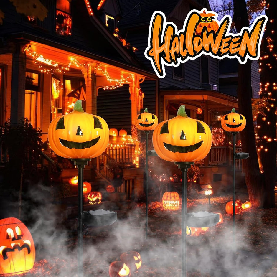 Halloween Pumpkin Pathway Solar Lights Handblown Glass Halloween Jack O Lantern Yard Display Solar LED Outdoor Décor Front Porch Decor 2 Pack, Orange