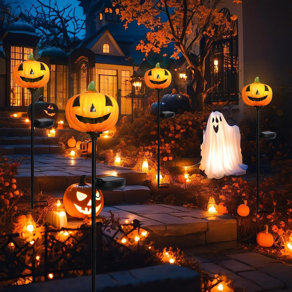 Halloween Pumpkin Pathway Solar Lights Handblown Glass Halloween Jack O Lantern Yard Display Solar LED Outdoor Décor Front Porch Decor 2 Pack, Orange