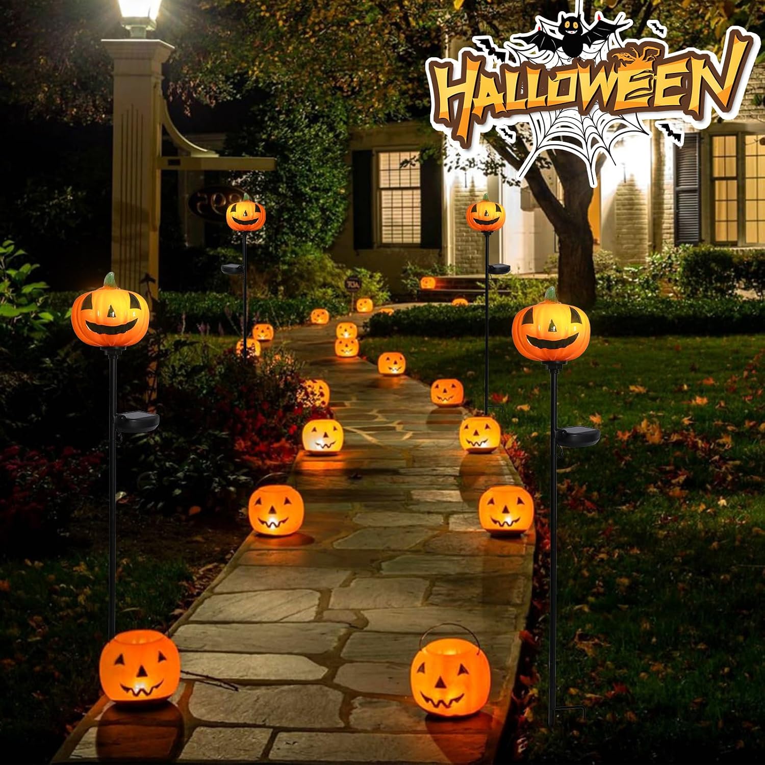 Halloween Pumpkin Pathway Solar Lights Handblown Glass Halloween Jack O Lantern Yard Display Solar LED Outdoor Décor Front Porch Decor 2 Pack, Orange