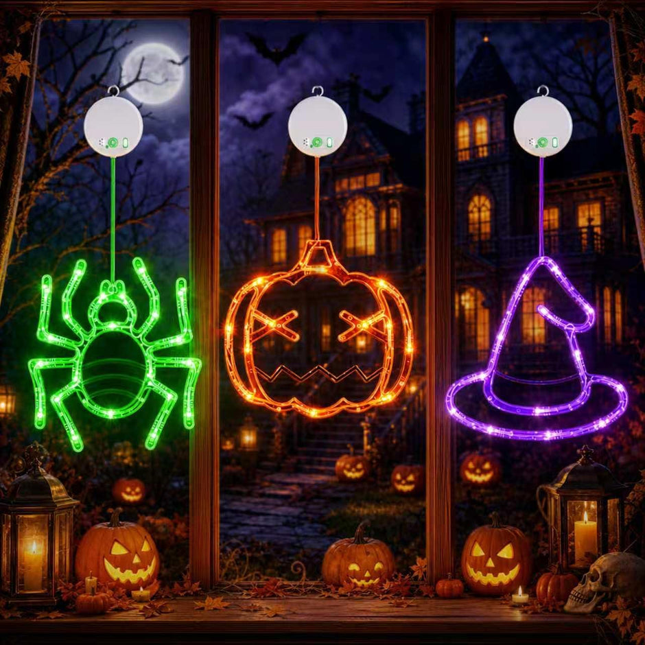 Halloween Window Lights, 3 Pack Pumpkin, Spider, Witch Hat Lights | Halloween Decoration Lights, 2026 Upgraded Dyed Design, 8 Flashing Modes, Timer, Battery Operated, Suction Cup, Indoor Lights