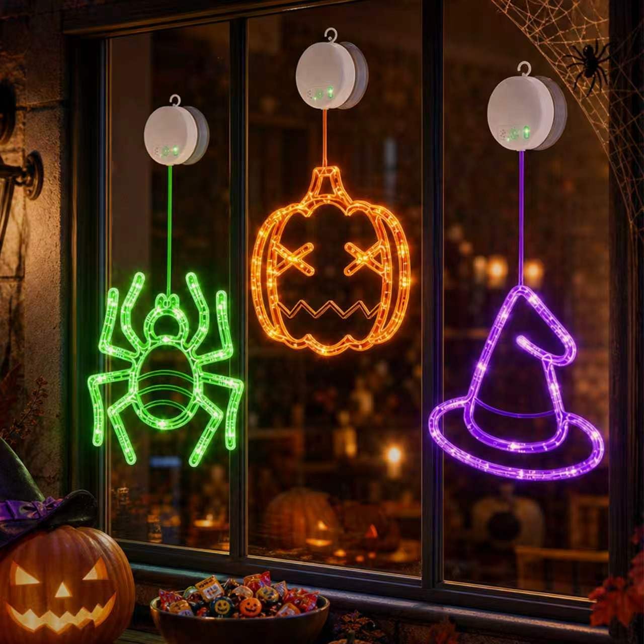 Halloween Window Lights, 3 Pack Pumpkin, Spider, Witch Hat Lights | Halloween Decoration Lights, 2026 Upgraded Dyed Design, 8 Flashing Modes, Timer, Battery Operated, Suction Cup, Indoor Lights