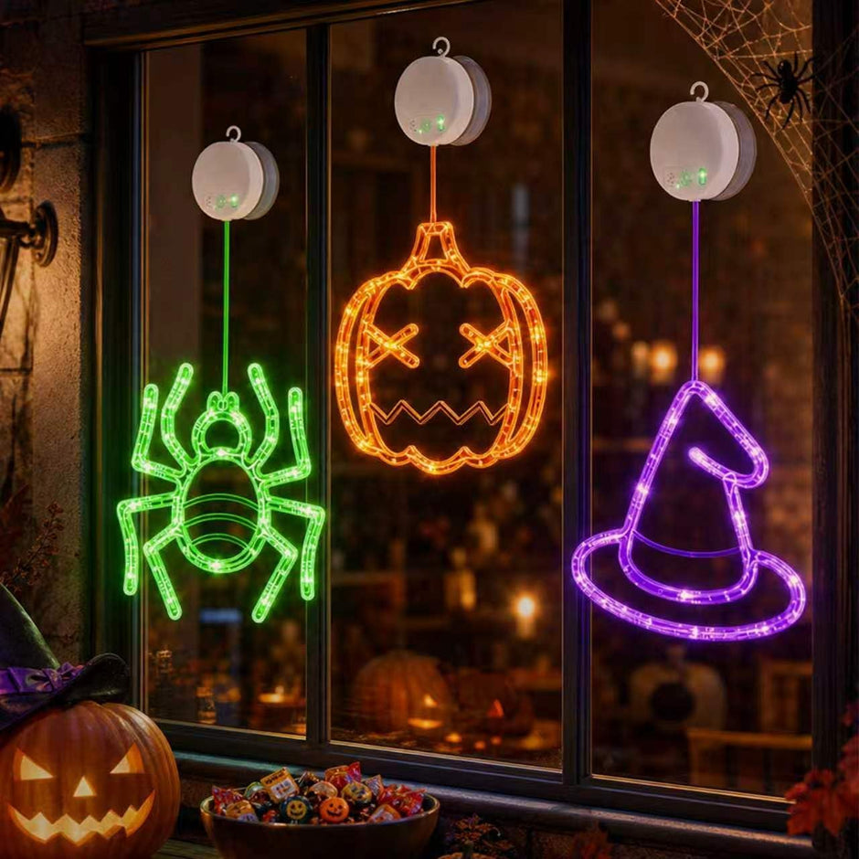 Halloween Window Lights, 3 Pack Pumpkin, Spider, Witch Hat Lights | Halloween Decoration Lights, 2026 Upgraded Dyed Design, 8 Flashing Modes, Timer, Battery Operated, Suction Cup, Indoor Lights