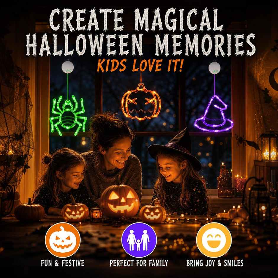 Halloween Window Lights, 3 Pack Pumpkin, Spider, Witch Hat Lights | Halloween Decoration Lights, 2026 Upgraded Dyed Design, 8 Flashing Modes, Timer, Battery Operated, Suction Cup, Indoor Lights
