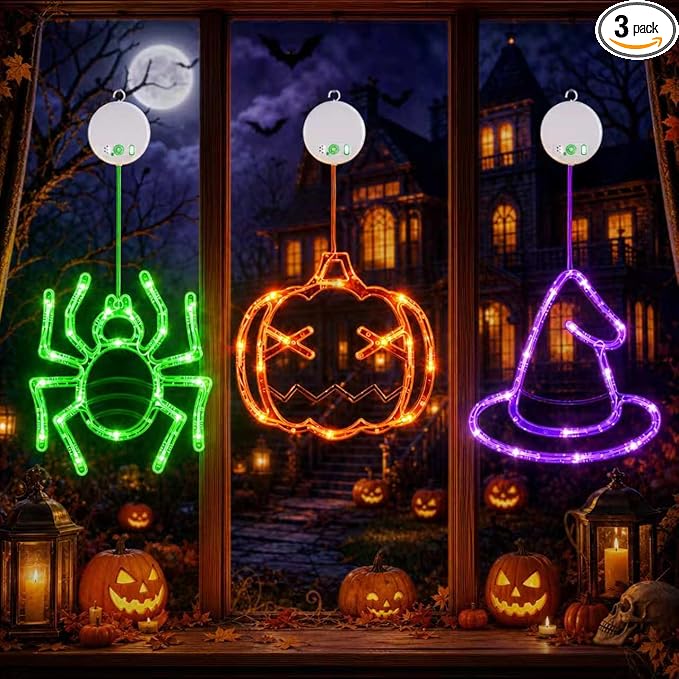 Halloween Window Lights, 3 Pack Pumpkin, Spider, Witch Hat Lights | Halloween Decoration Lights, 2026 Upgraded Dyed Design, 8 Flashing Modes, Timer, Battery Operated, Suction Cup, Indoor Lights
