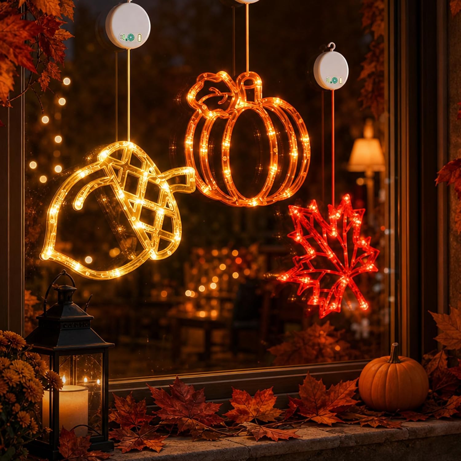 Acorn Maple Leaves Pumpkin Thanksgiving Lights, 3 Pack Rechargeable | USB Rechargeable Thanksgiving Lights, Fall Lights with Suction Cups, 8 Flashing Mode and Timer, Autumn Decorations