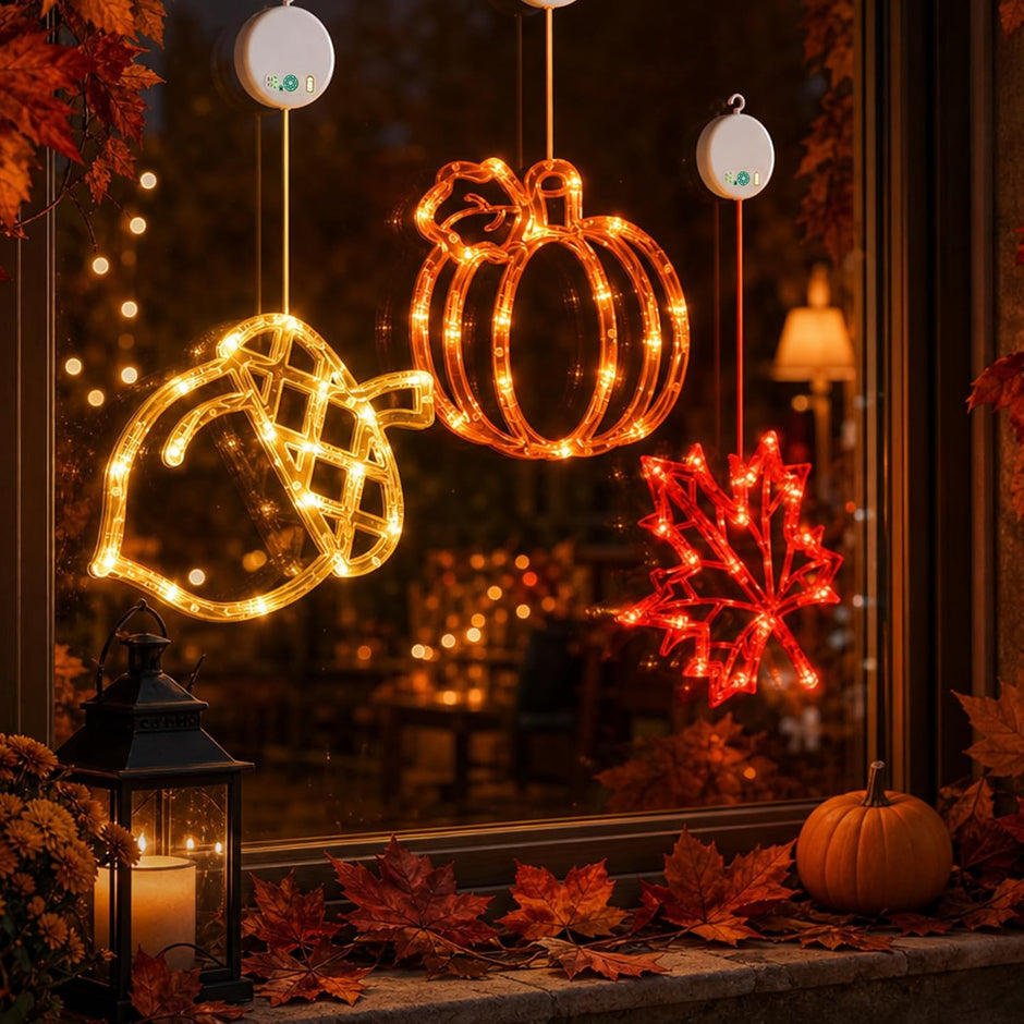 Acorn Maple Leaves Pumpkin Thanksgiving Lights, 3 Pack Rechargeable | USB Rechargeable Thanksgiving Lights, Fall Lights with Suction Cups, 8 Flashing Mode and Timer, Autumn Decorations
