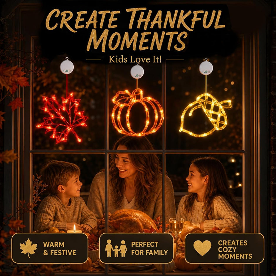 Acorn Maple Leaves Pumpkin Thanksgiving Lights, 3 Pack Rechargeable | USB Rechargeable Thanksgiving Lights, Fall Lights with Suction Cups, 8 Flashing Mode and Timer, Autumn Decorations