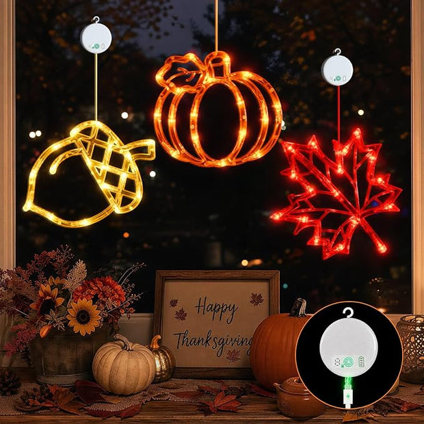 Acorn Maple Leaves Pumpkin Thanksgiving Lights, 3 Pack Rechargeable | USB Rechargeable Thanksgiving Lights, Fall Lights with Suction Cups, 8 Flashing Mode and Timer, Autumn Decorations