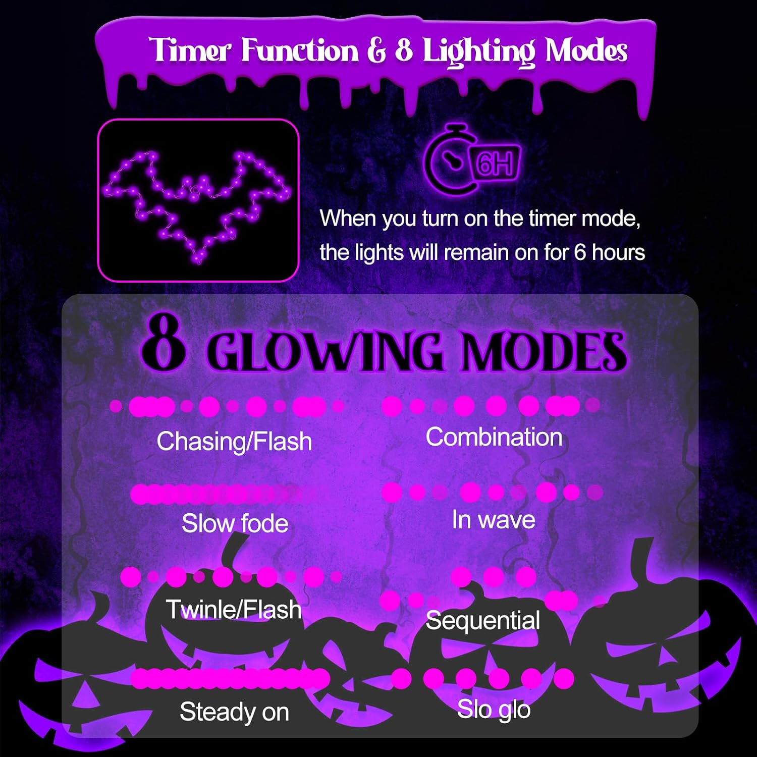 Halloween Window Lights, 2 Pack LED Waterproof Timer Indoor Decor | Purple Metal Bat Shapes, 8 Lighting Modes, 6H Timer, Waterproof, Adhesive Hooks, Batteries Not Included, for Windows