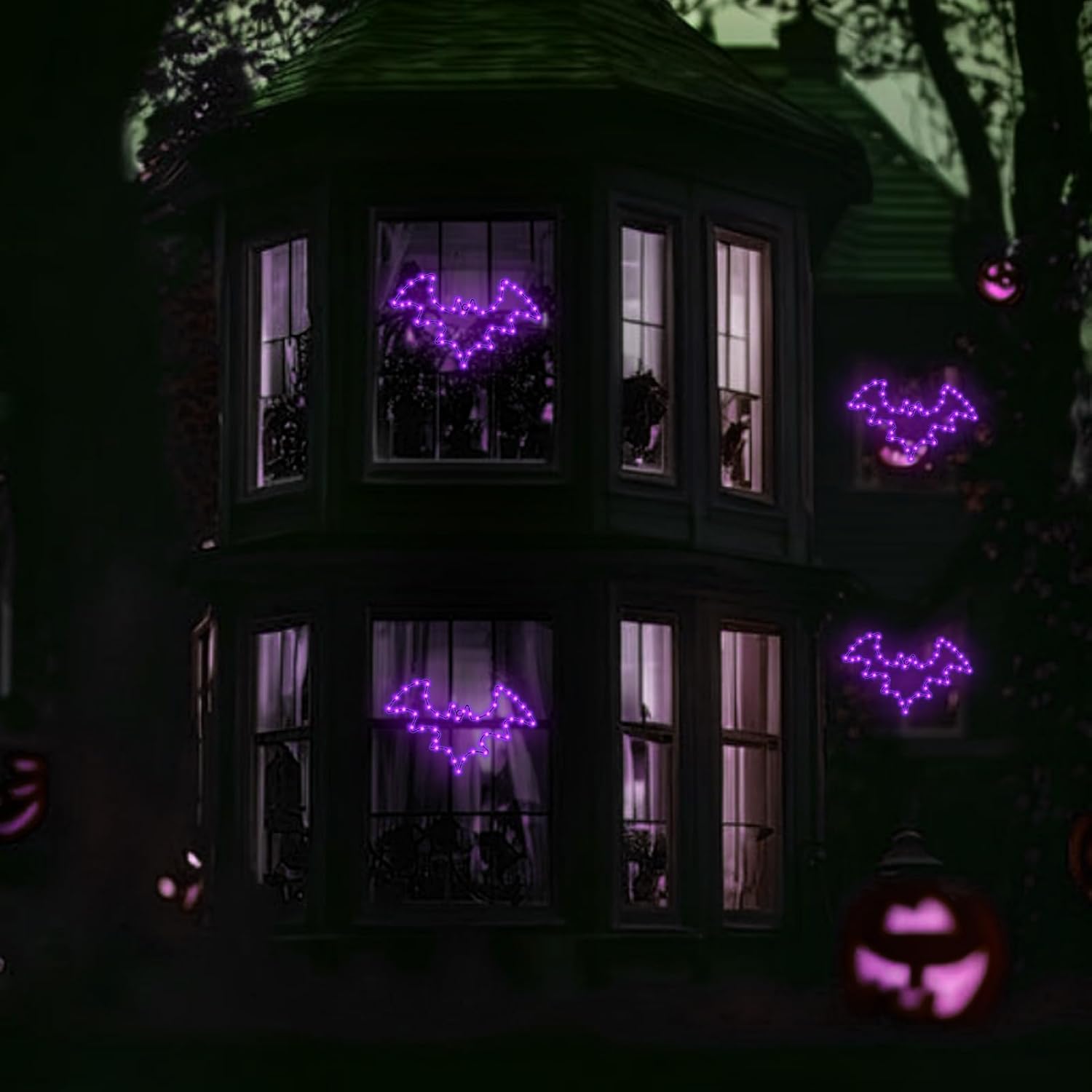 Halloween Window Lights, 2 Pack LED Waterproof Timer Indoor Decor | Purple Metal Bat Shapes, 8 Lighting Modes, 6H Timer, Waterproof, Adhesive Hooks, Batteries Not Included, for Windows
