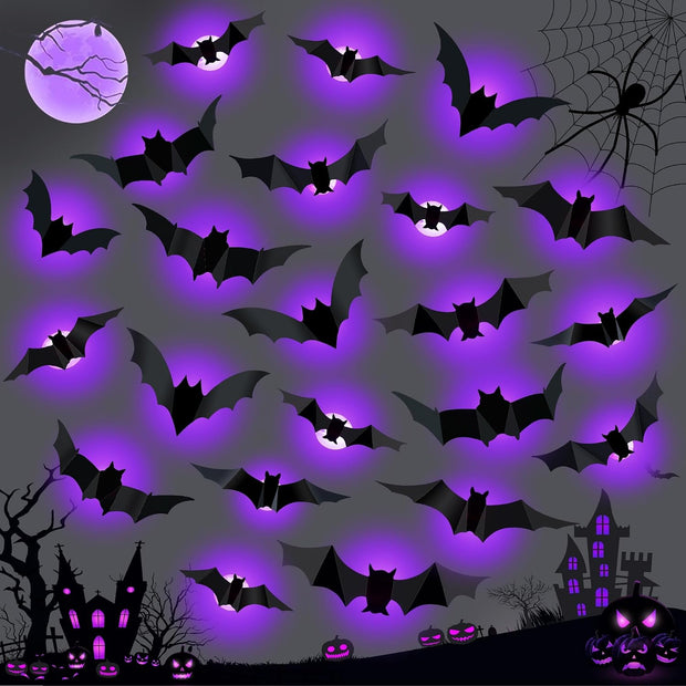 36 PCS LED Purple Lighted 3D Bats Halloween Decoration,5 Sizes & 4 Shapes , Waterproof Halloween Bat Wall Decor for Home Indoor Outdoor Bedroom Window Door Wall Party Decor
