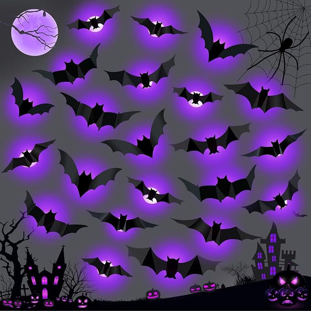 36 PCS LED Purple Lighted 3D Bats Halloween Decoration,5 Sizes & 4 Shapes , Waterproof Halloween Bat Wall Decor for Home Indoor Outdoor Bedroom Window Door Wall Party Decor