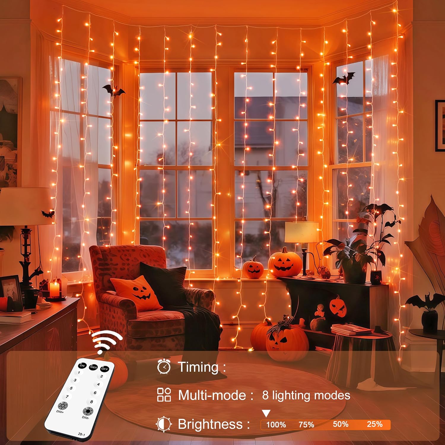 Orange Halloween Curtain Lights with Remote