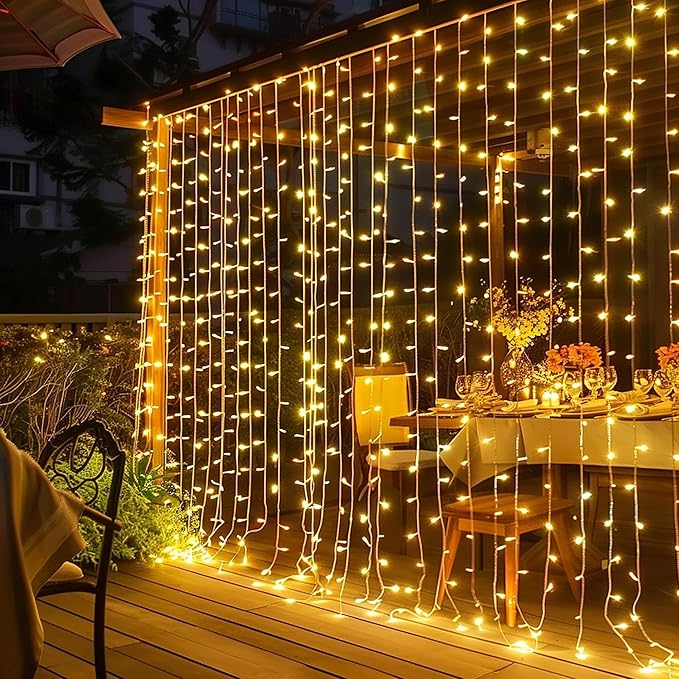 LED Curtain Lights, Plug in Fairy Curtain Lights for Bedroom, Christmas Hanging String Lights Outdoor for Window Backdrop Wall Wedding Patio Indoor Dorm Party Decor, Warm White