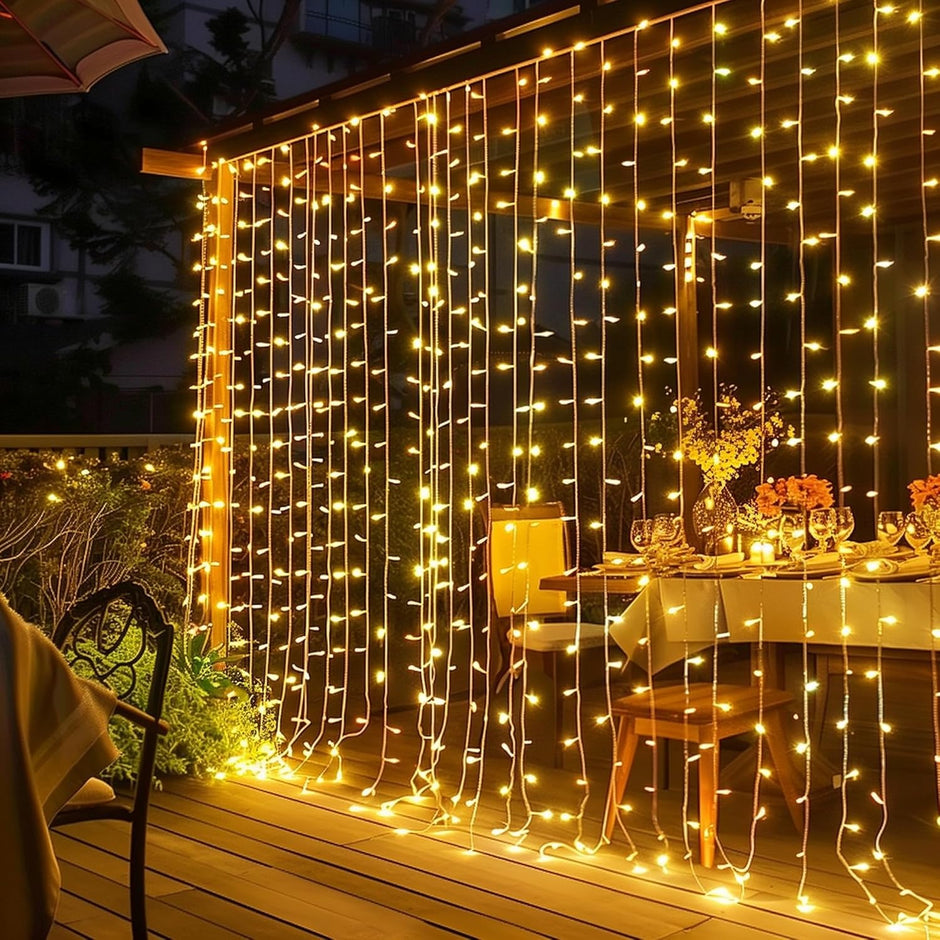 LED Curtain Lights, Plug in Fairy Curtain Lights for Bedroom, Christmas Hanging String Lights Outdoor for Window Backdrop Wall Wedding Patio Indoor Dorm Party Decor, Warm White