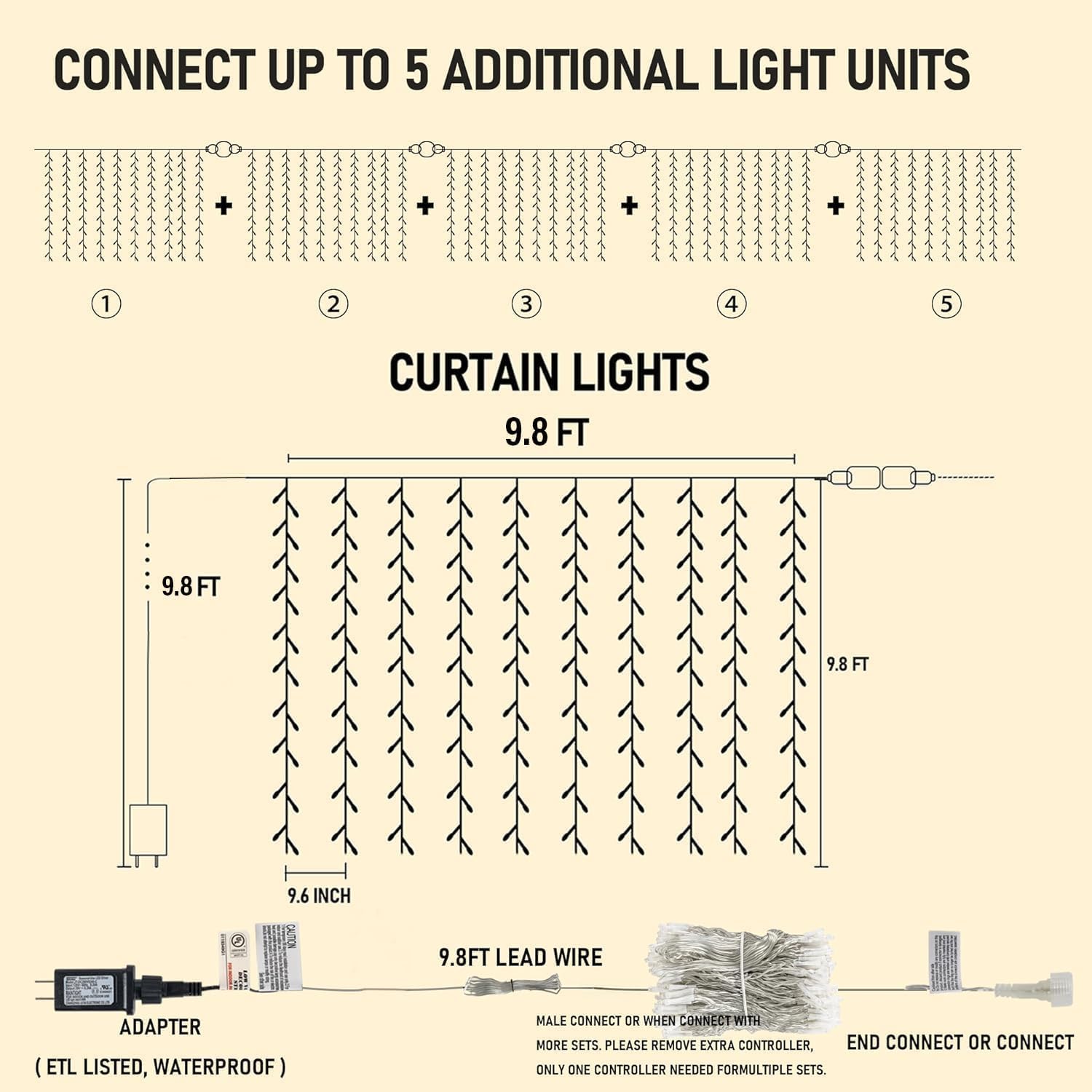 LED Curtain Lights, Plug in Fairy Curtain Lights for Bedroom, Christmas Hanging String Lights Outdoor for Window Backdrop Wall Wedding Patio Indoor Dorm Party Decor, Warm White