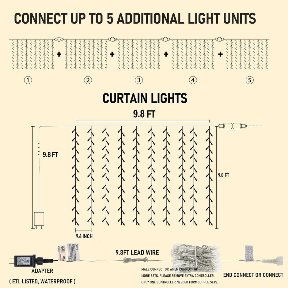 LED Curtain Lights, Plug in Fairy Curtain Lights for Bedroom, Christmas Hanging String Lights Outdoor for Window Backdrop Wall Wedding Patio Indoor Dorm Party Decor, Warm White