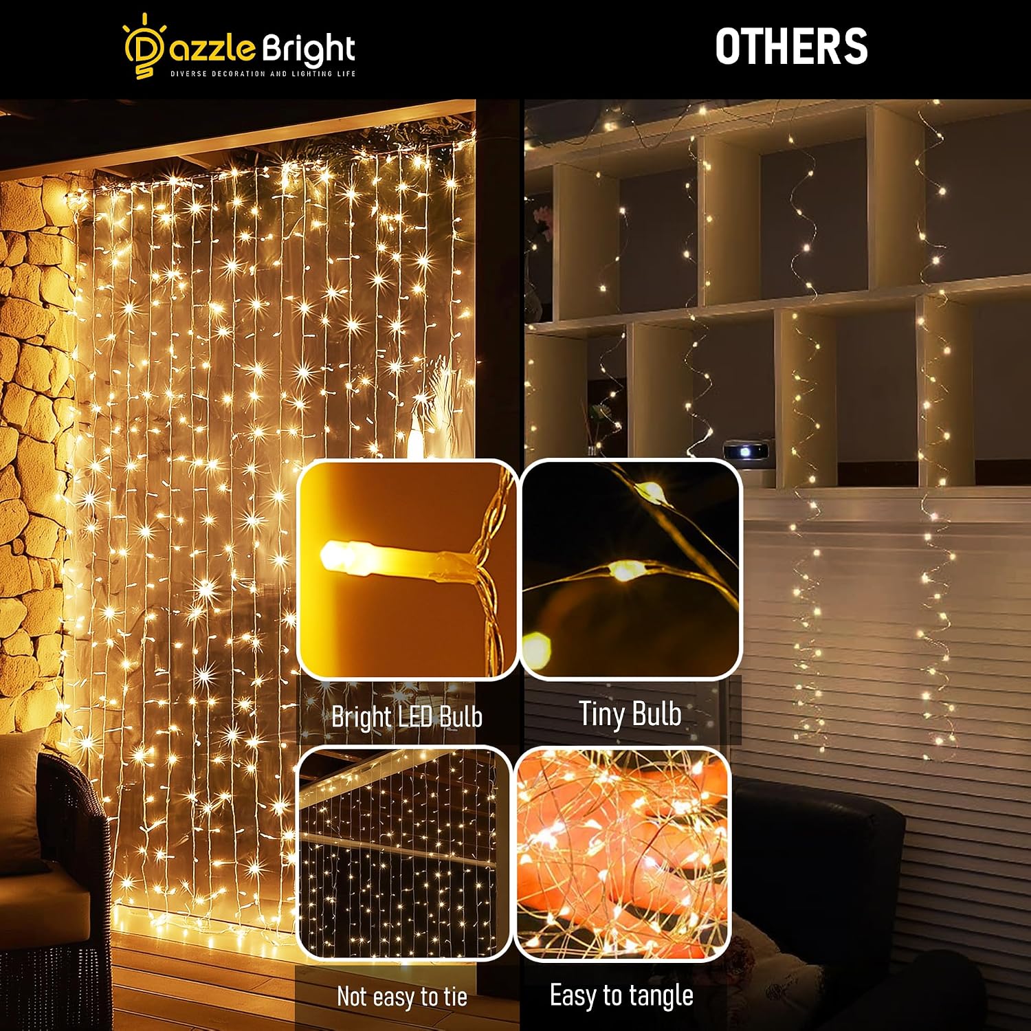LED Curtain Lights, Plug in Fairy Curtain Lights for Bedroom, Christmas Hanging String Lights Outdoor for Window Backdrop Wall Wedding Patio Indoor Dorm Party Decor, Warm White