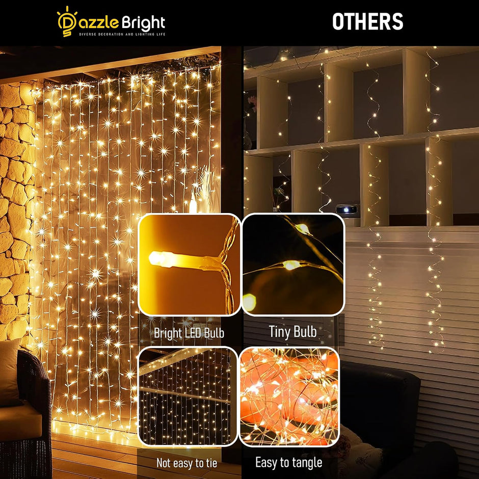 LED Curtain Lights, Plug in Fairy Curtain Lights for Bedroom, Christmas Hanging String Lights Outdoor for Window Backdrop Wall Wedding Patio Indoor Dorm Party Decor, Warm White
