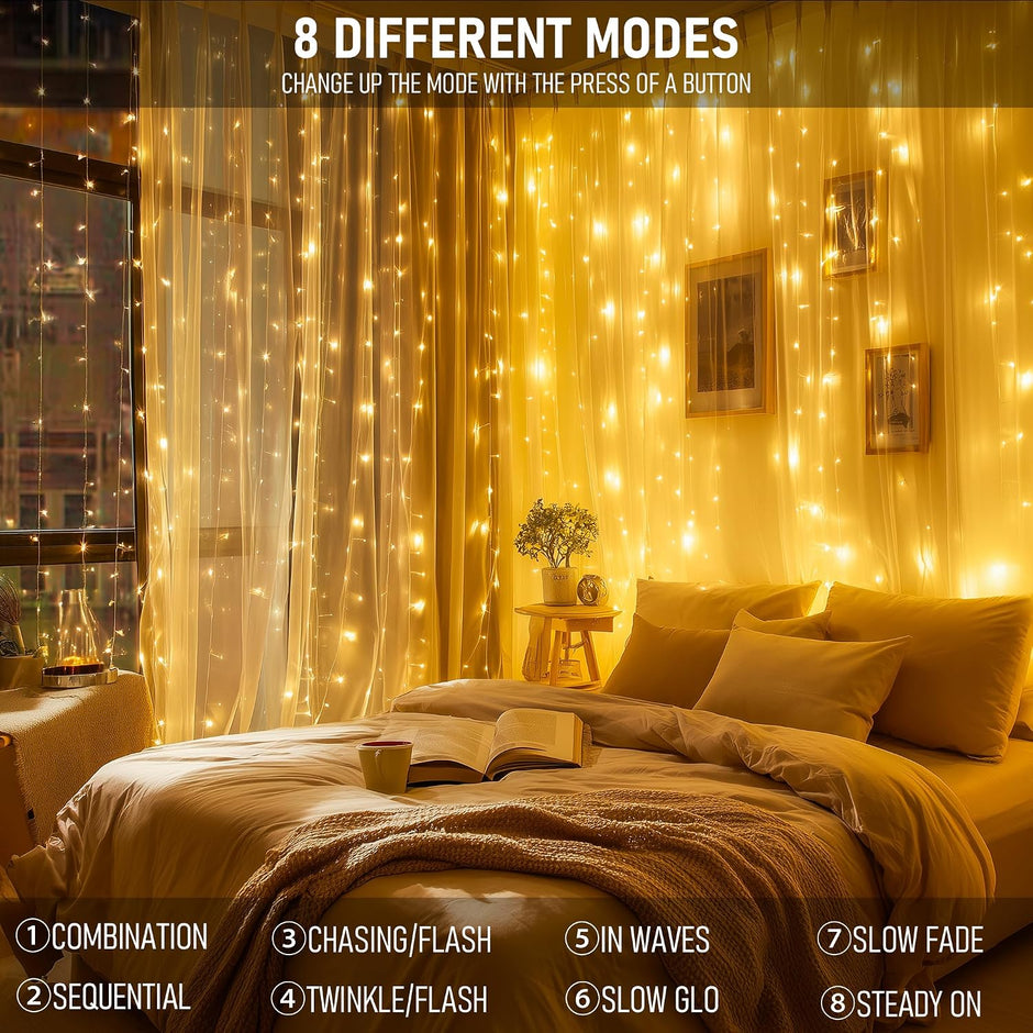 LED Curtain Lights, Plug in Fairy Curtain Lights for Bedroom, Christmas Hanging String Lights Outdoor for Window Backdrop Wall Wedding Patio Indoor Dorm Party Decor, Warm White