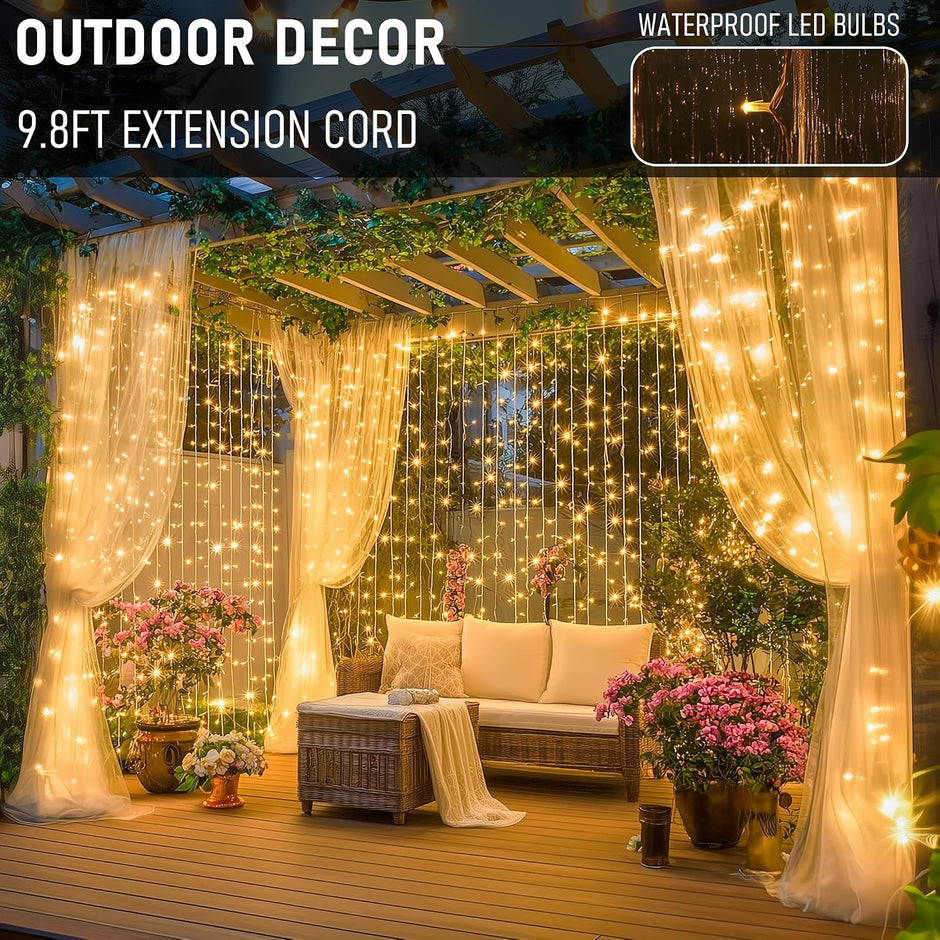 LED Curtain Lights, Plug in Fairy Curtain Lights for Bedroom, Christmas Hanging String Lights Outdoor for Window Backdrop Wall Wedding Patio Indoor Dorm Party Decor, Warm White