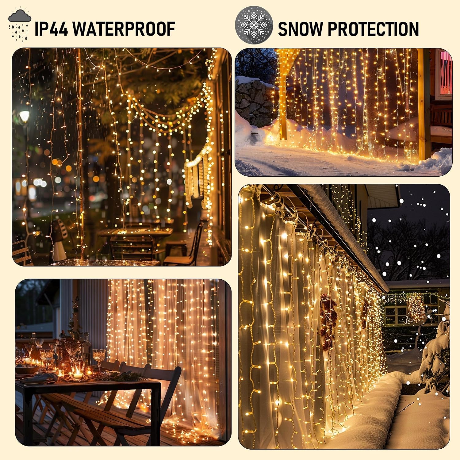 LED Curtain Lights, Plug in Fairy Curtain Lights for Bedroom, Christmas Hanging String Lights Outdoor for Window Backdrop Wall Wedding Patio Indoor Dorm Party Decor, Warm White