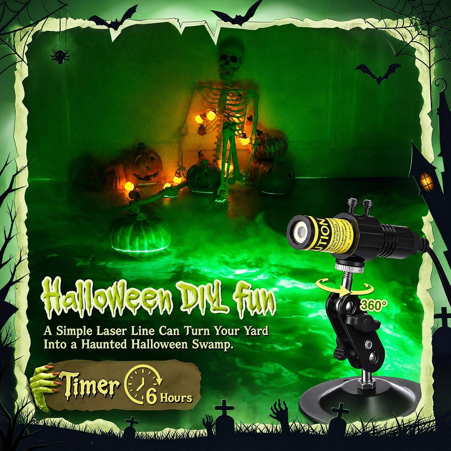 1 Pack Green Laser Halloween Module Generator with Timer,Green | Halloween Projector Light, Work with Low Lying Fog Machine (Not Included), IP67 Waterproof Outdoor Scary House Garden Decor