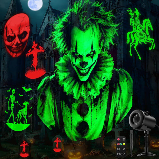 12-in-1 Halloween Projector Lights, Outdoor Dynamic Halloween Projector | with Motion Effects, Clown Skeleton Spider Pumpkin Patterns, Holiday Projection Light for Yard Wall Window Garage Decorations