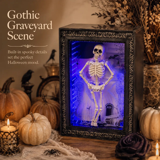 Dancing Skeleton Infinity Mirror Frame | Stunning Depth LED Decor, Perfect Halloween Gift For Gothic Style Fans